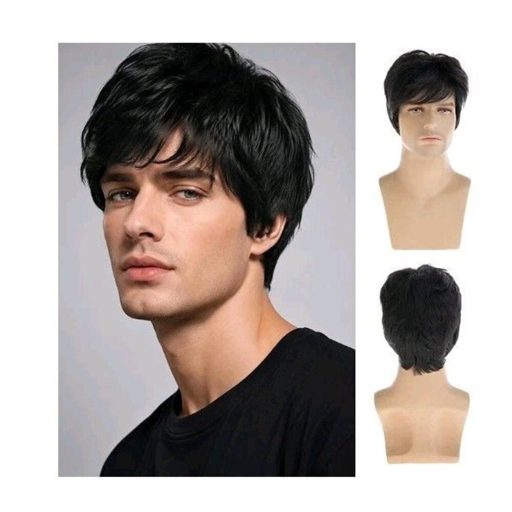 Men's Short Black Layered Wavy/Straight Wig Side Part Natural Synthetic